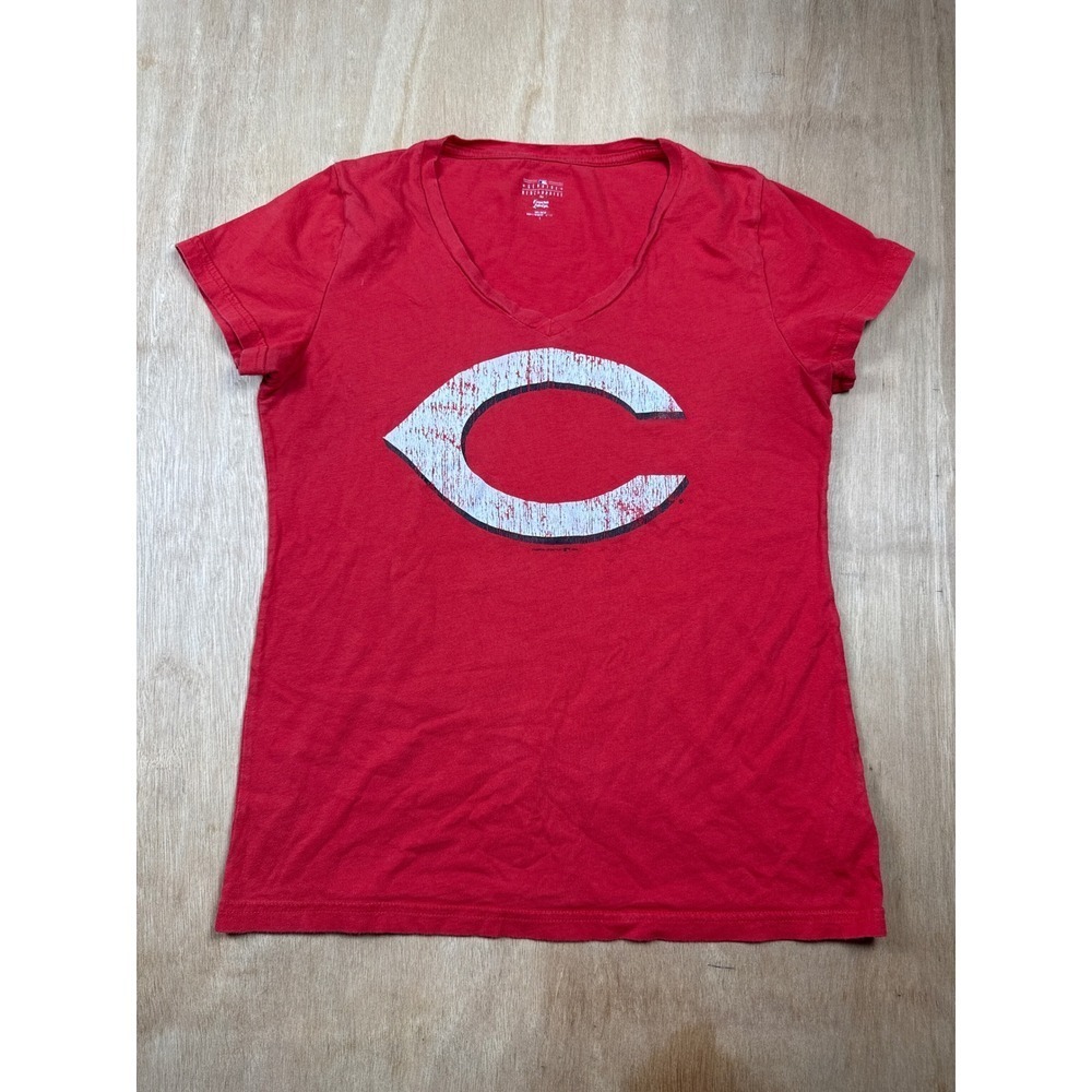 Cincinnati Reds V Neck T Shirt Red Womens Distressed Logo Short Sleeve Size S